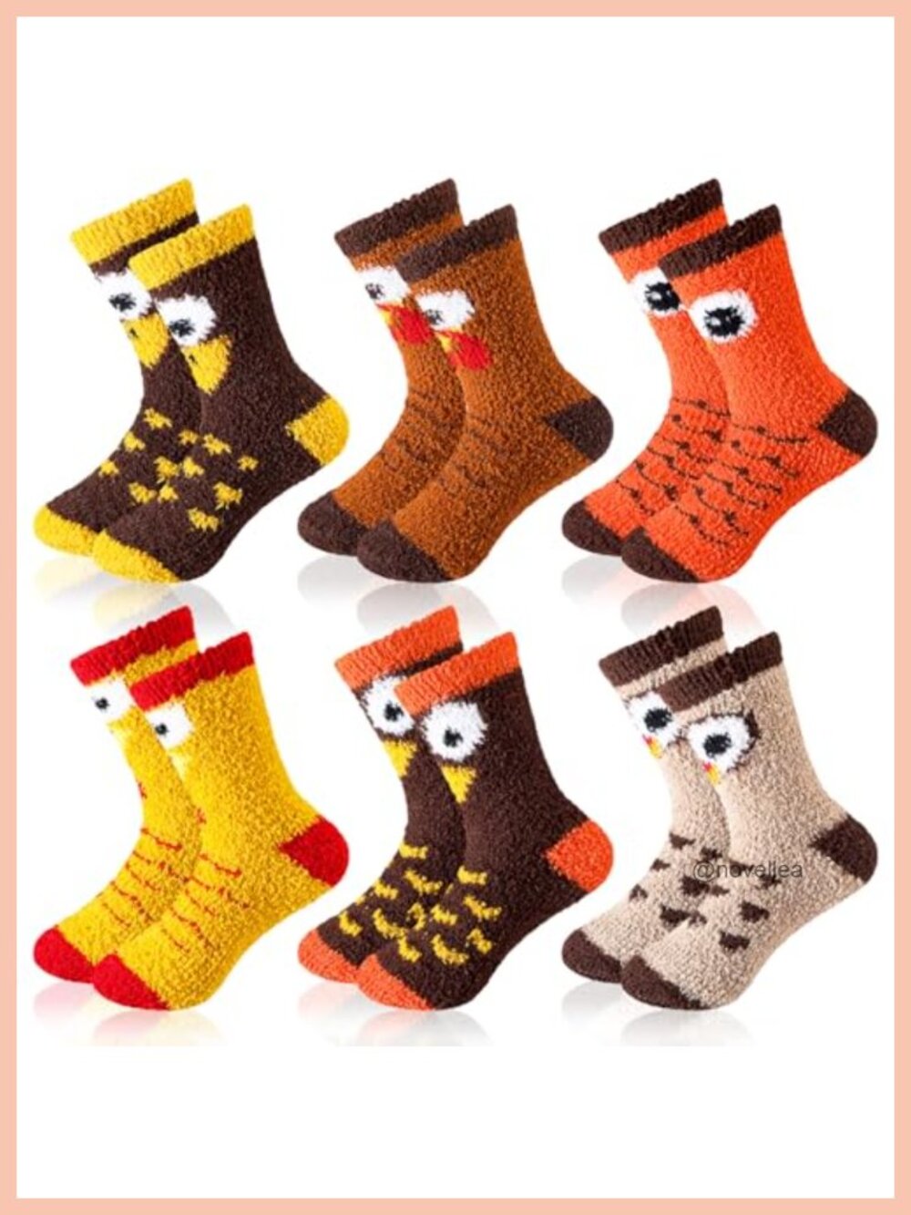 Thanksgiving Turkey Fuzzy Coral Fleece Socks 6 Pairs Warm Cozy Gift Set